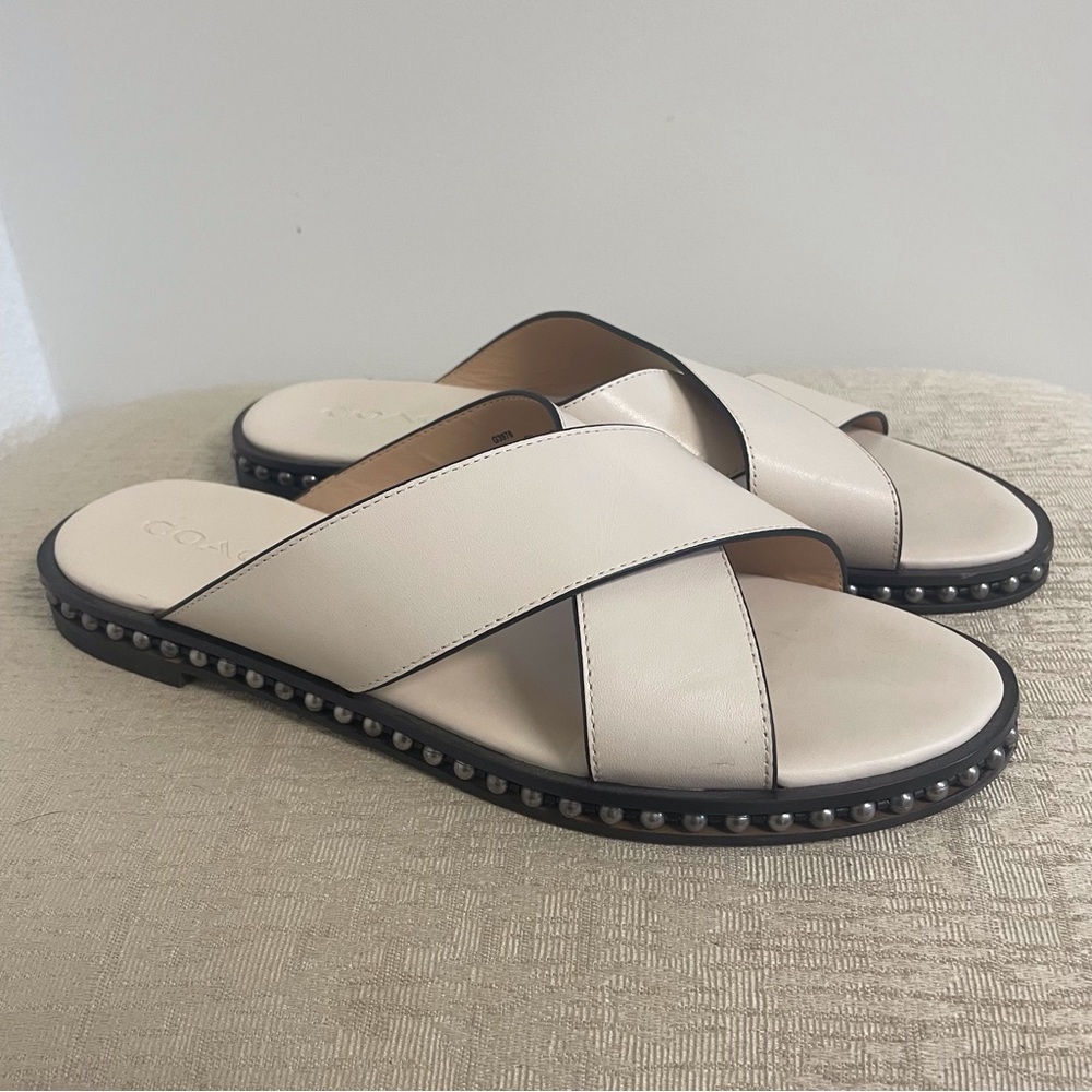 COACH LEATHER STUDDED CRISSCROSS SLIP ON SLIDE SANDALS